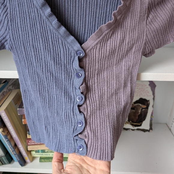 Bluenotes Girl's Cropped Cardigan Ribbed Short Sleeve Blue Purple Medium - Picture 2 of 4